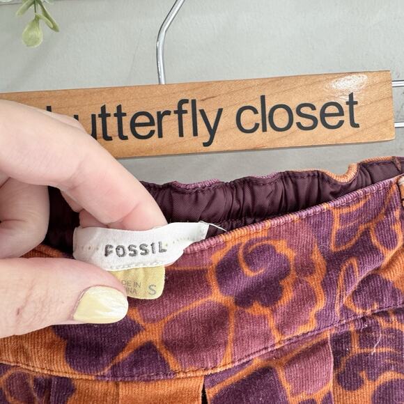 Vintage Y2K Fossil Women Small Orange Floral Corduroy Low Rise Pleated Skirt CP - Picture 3 of 4